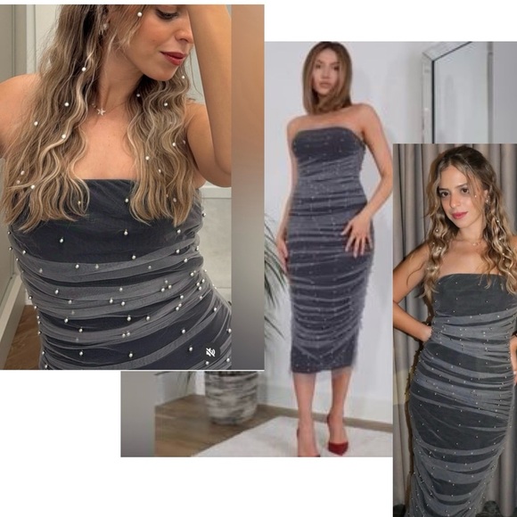 Zara Dresses & Skirts - Zara gray strapless gathered draped ruched mesh tulle pearl embellished dress L